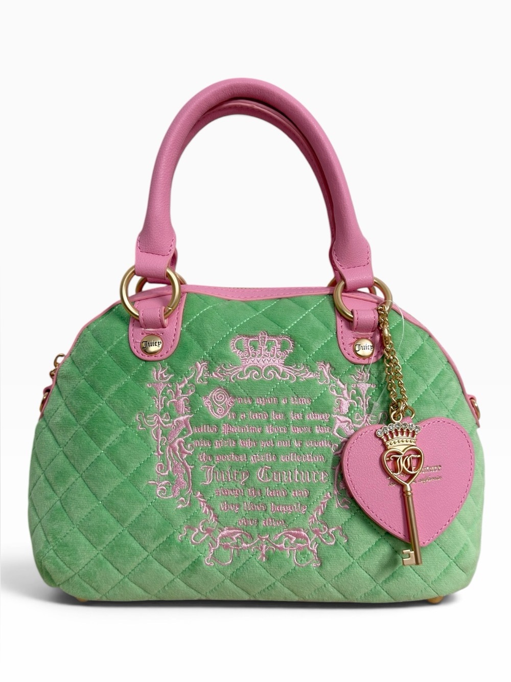 Juicy Couture Juicy Tale Green Pink Quilted Velour Satchel Crossbody Heart Bag